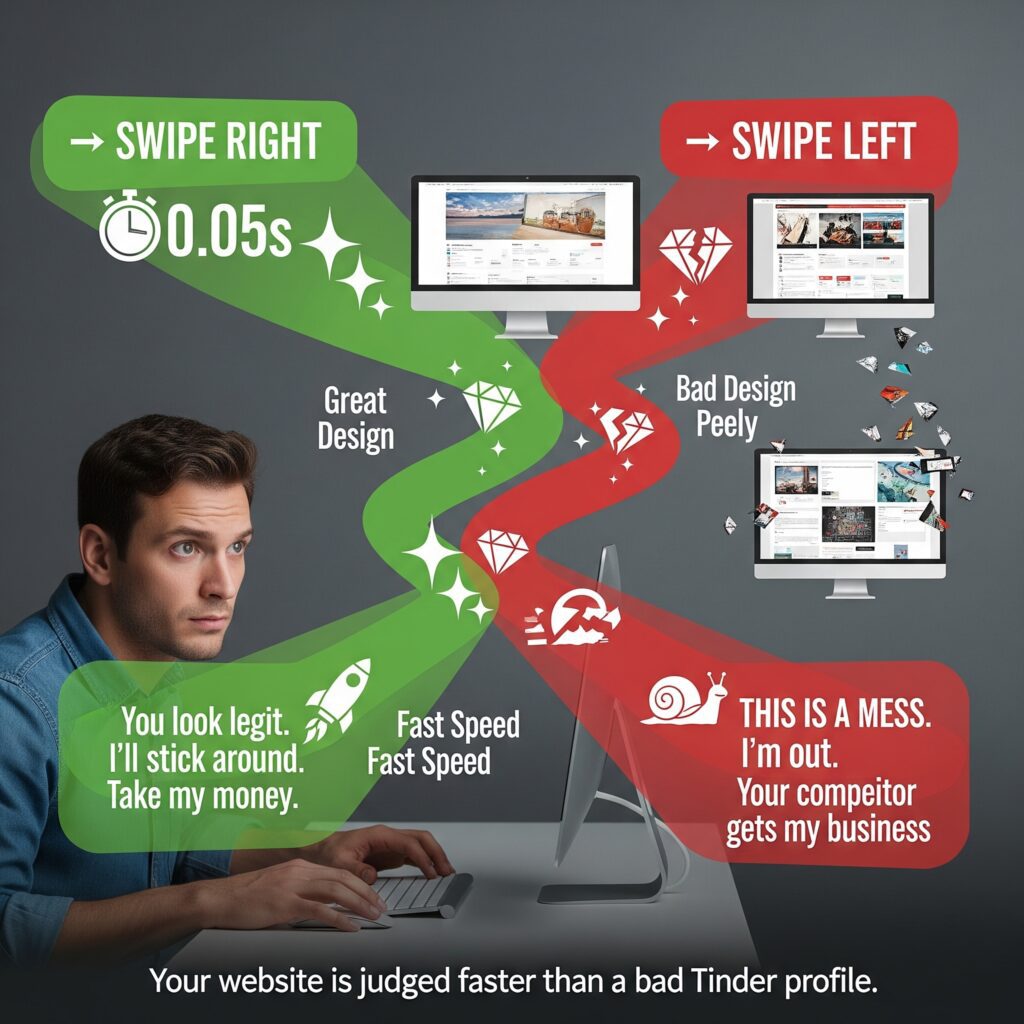 Visual representation of how a website's first impression affects trust and user behavior, highlighting design, speed, and clarity.