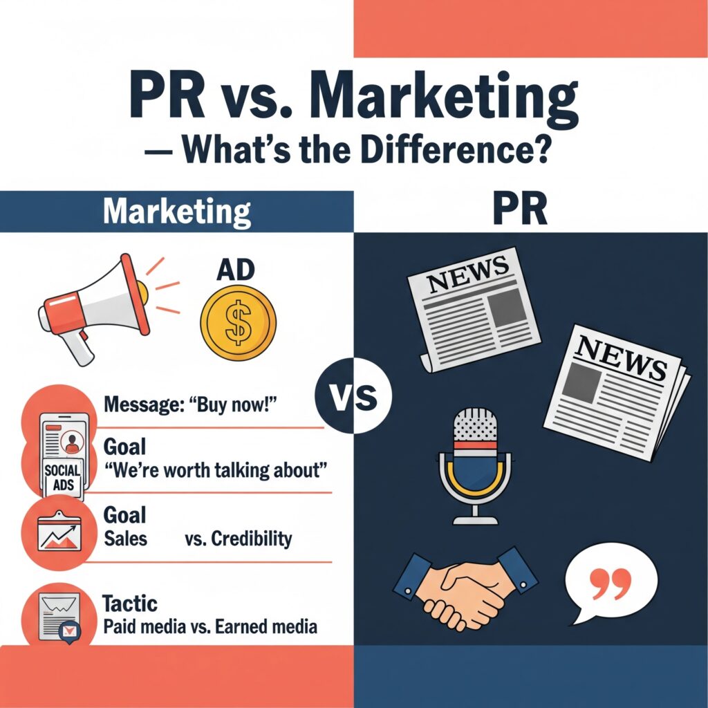 Infographic comparing PR and marketing strategies, highlighting differences in goals, tactics, and tone using playful icons.